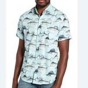 J. Crew - Men’s Blue Sailfish Fish Print Sports Button Down Shirt - Size: XL